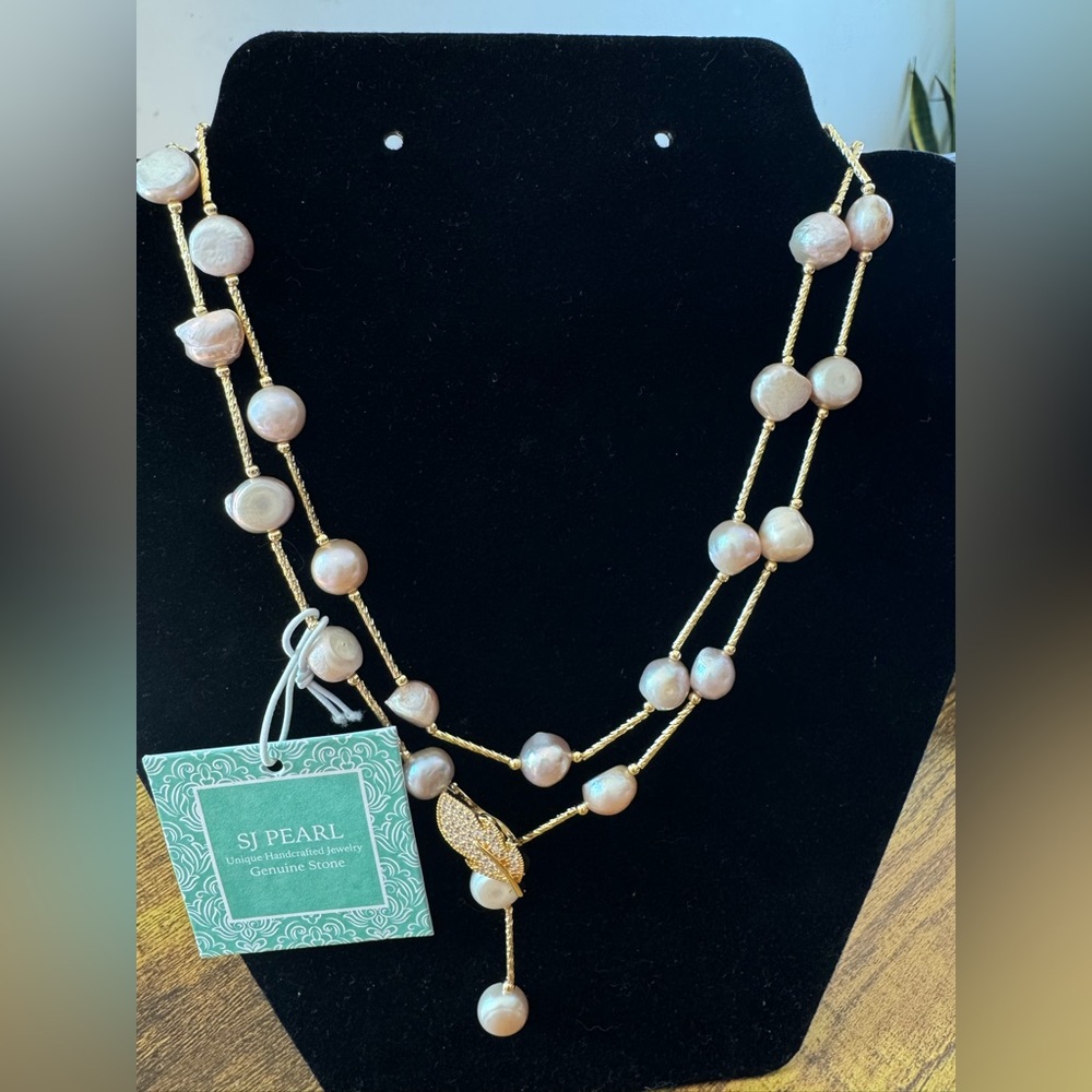 SJ Pearl Handcrafted Jewelry Genuine Pearl Necklace W CZ Bling Closure